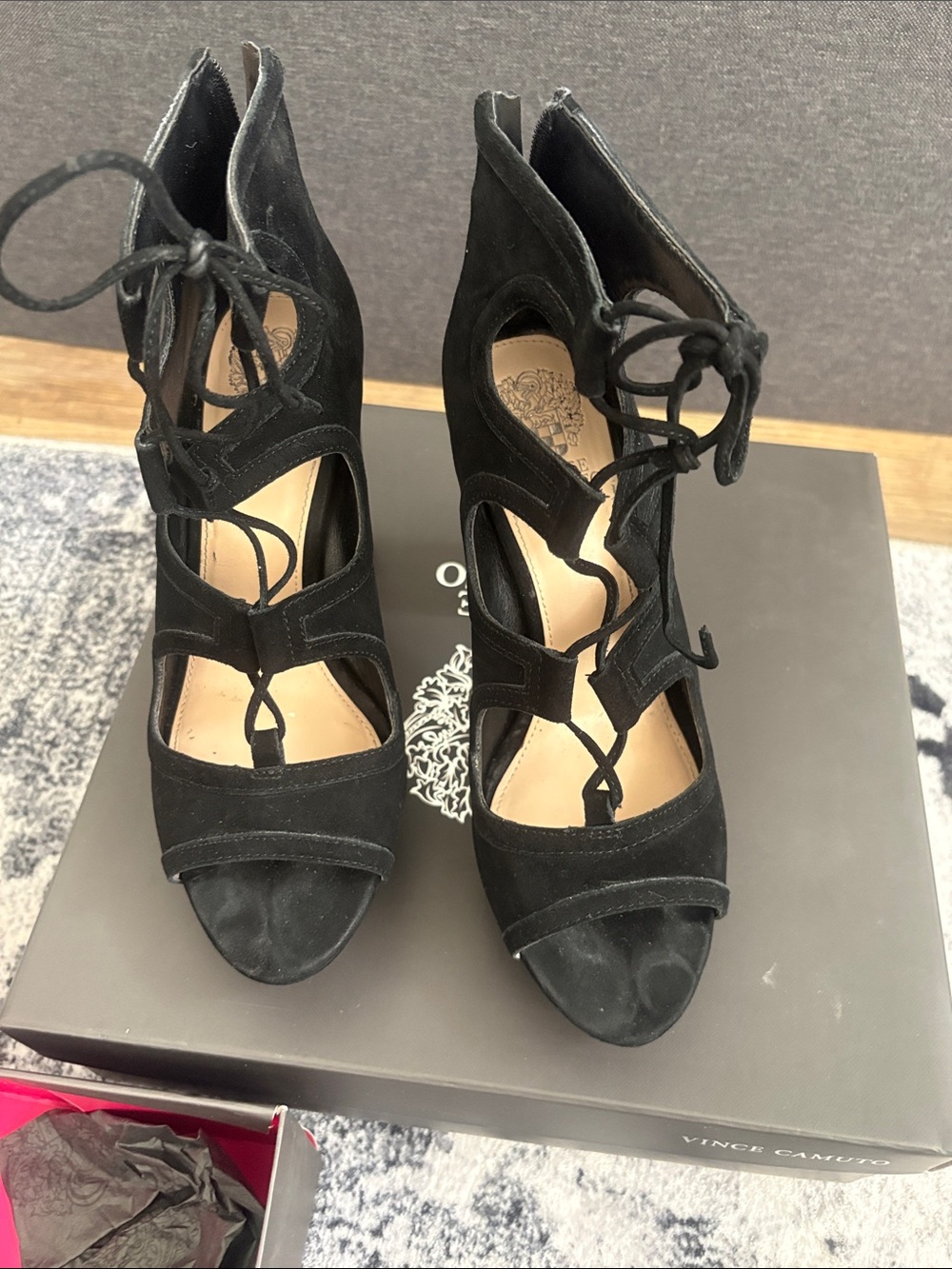 Vince Camuto Black Suede Lace-Up Peep Toe Heels